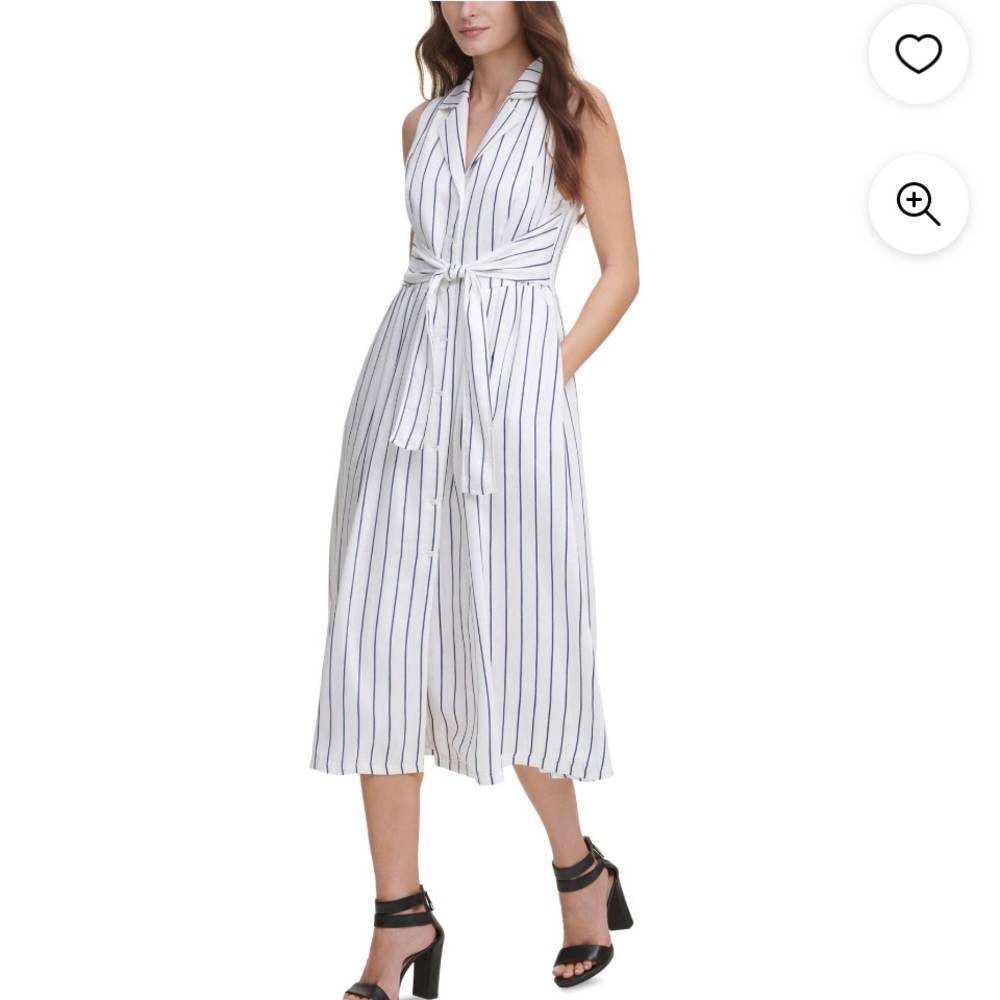 DKNY Womens White Belted Button Closures Striped Sleeveless  Midi Shirt Dress - Picture 3 of 11